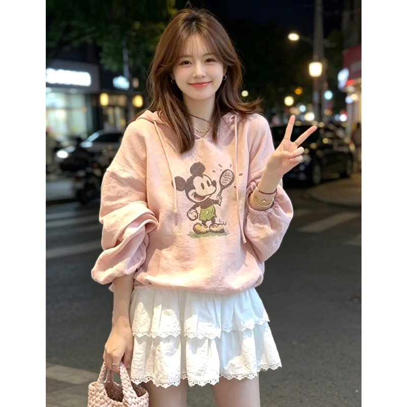 Korean-Style Early Spring Beautiful Blouse, New Spring and Autumn Hooded Drawstring Puff Sleeve Top, Youthful Pink Shirt for Petite Figures