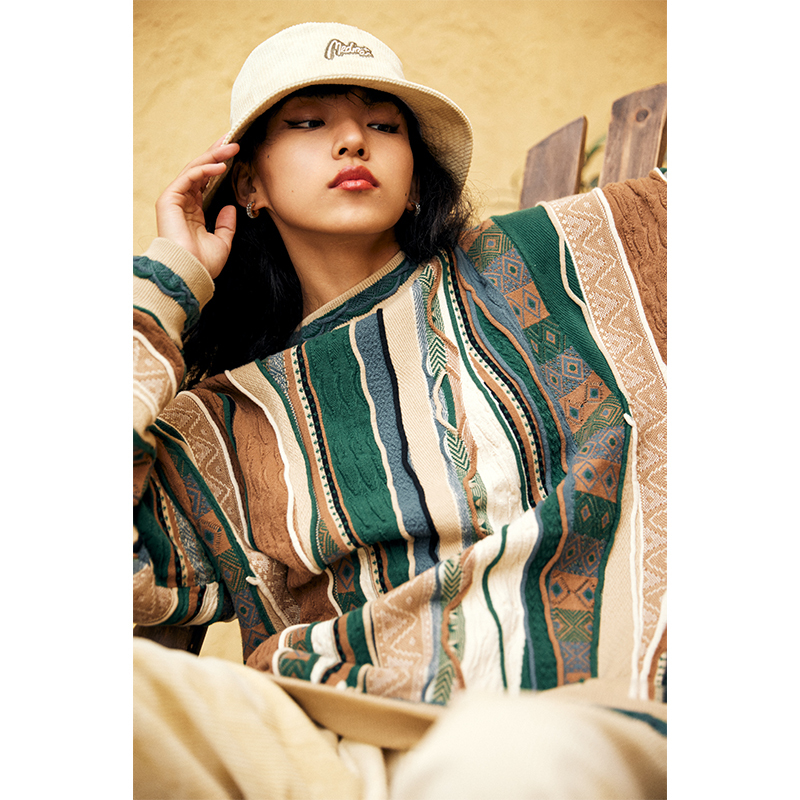 New Year Limited Edition Medria Vintage Sweater Pop Art Bitter Melon Striped Ethnic Style Pullover Sweater Multi-Color Series