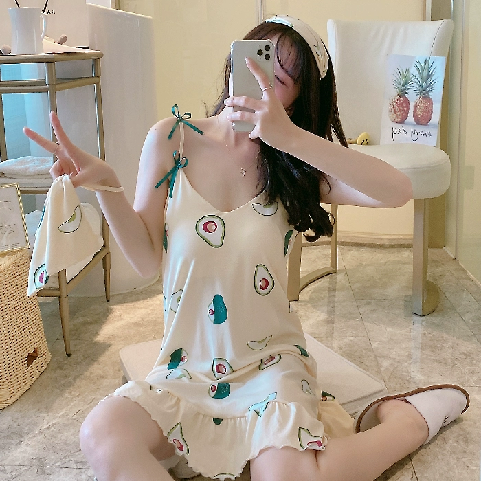 Váy ngủ nữ mùa hè địu cô gái sexy với miếng đệm ngực sinh viên cộng với kích cỡ đồ ngủ nữ mùa hè ngắn tay dịch vụ tại nhà - Đêm đầm