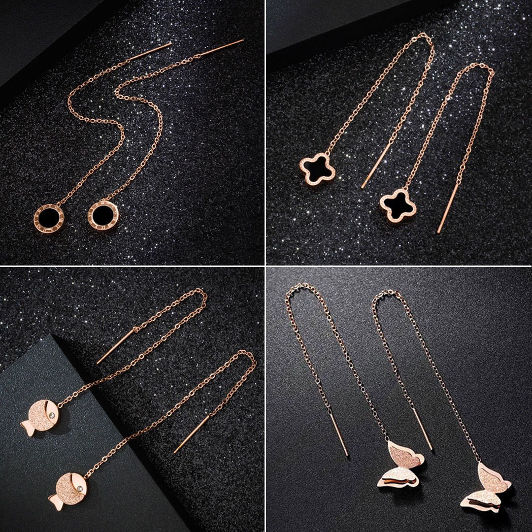 Online Red Fashion Rose Gold Long Version Flow Suear Butterfly Four Leaves Grass Ear Ornament Earrings Titanium Steel Anti-Trend