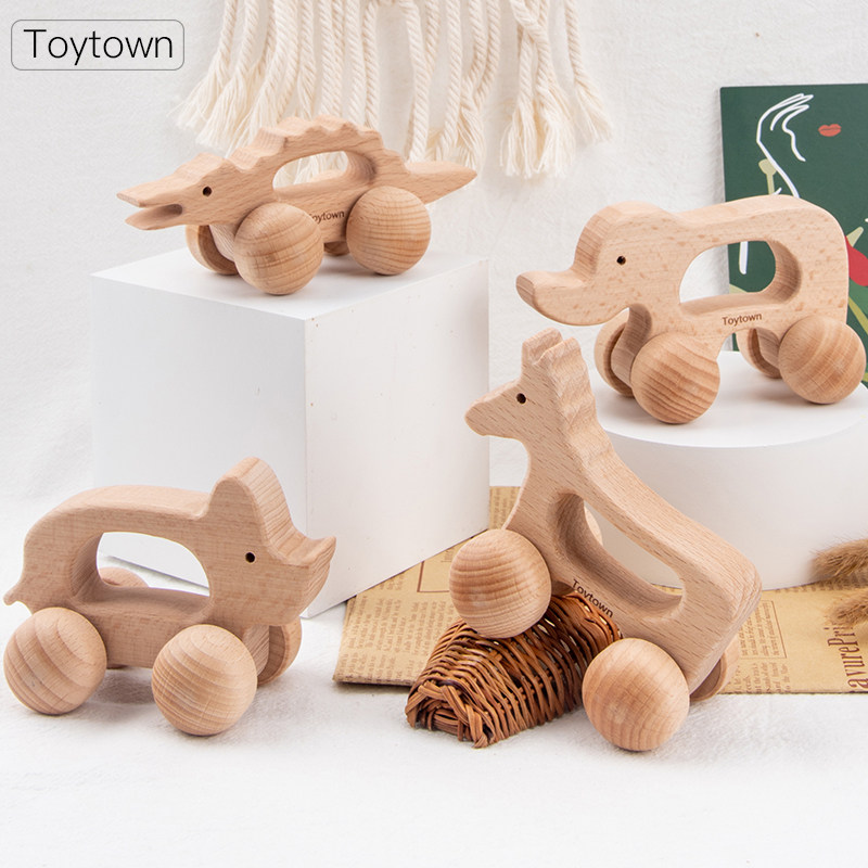 Wood color wooden hand-grabbed toy car animal trolley coasting car baby puzzle toys 1-3 years old