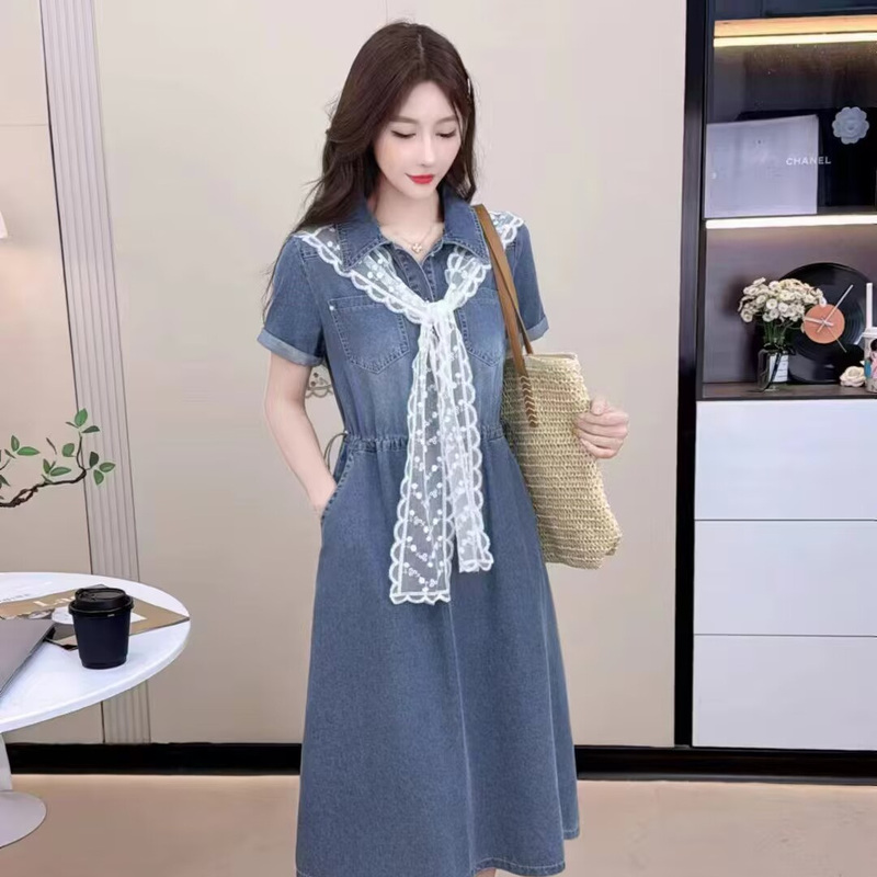 New Sweet and Youthful Lace Shawl Shirt Dress for Women, Summer Style, Elegant Waist-Cinching Casual Polo Collar Dress for Petite Figures