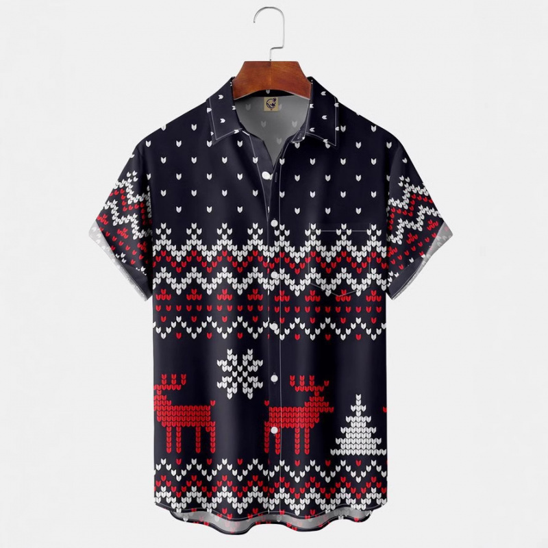 Christmas Short Shirt 2024 New Style with Pockets 3D Printed Top Spring and Summer Men's Christmas Series Short Shirt
