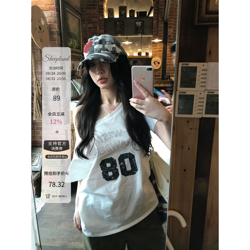 Sheepland American Style Spicy Girl Off-Shoulder Letter Print Short-Sleeve T-Shirt for Women, Summer One-Shoulder/Shoulderless Two-Way Top Sheepland American Style Spicy Girl Off-Shoulder Letter Print Short-Sleeve T-Shirt for Women, Summer One-Shoulder/Shoulderless Two-Way Top
