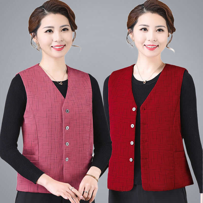Spring and Autumn Thin Vest for Women, Fashionable Vest for Mothers, Solid Color Collarless Waistcoat for Middle-Aged and Elderly, Slim Fit Versatile Casual Vest