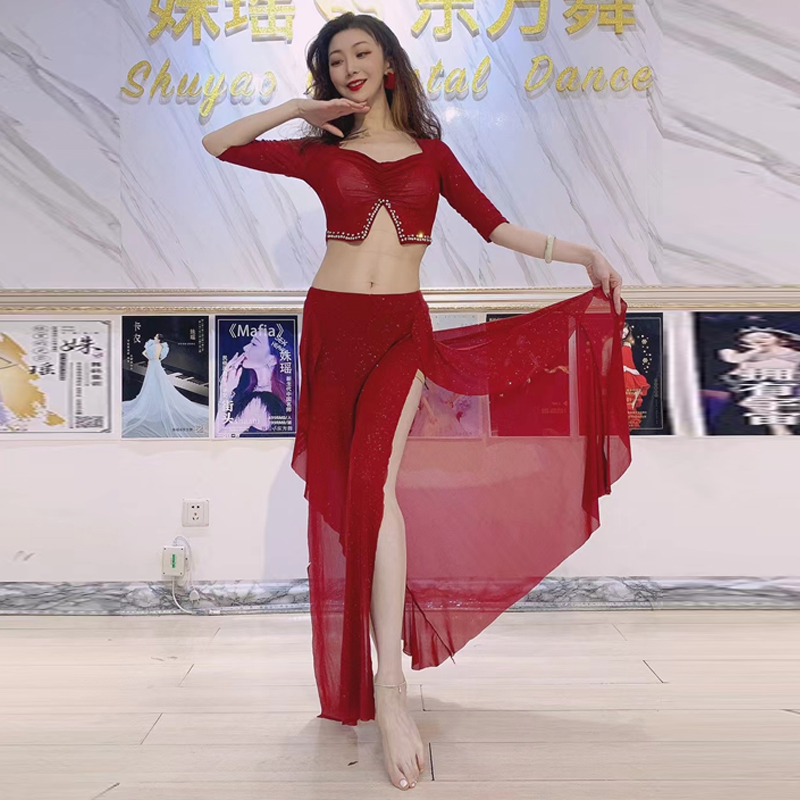 Belly Leather Dance Practice Suit 2021 New Summer Oriental Dance Dance Costumes Fairy's Performance Dress Water Yarn Drill