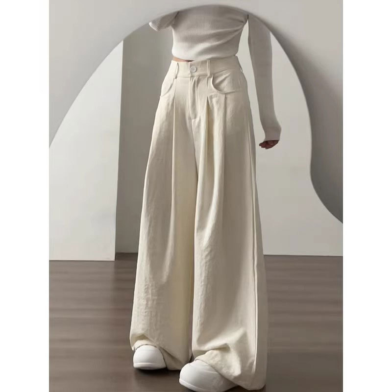 145cm Petite White Milk Puff Yamamoto Pants for Women, Spring and Autumn, 150cm Lazy Style Loose Wide-Leg Pants, Straight-Leg Suit Pants, XS