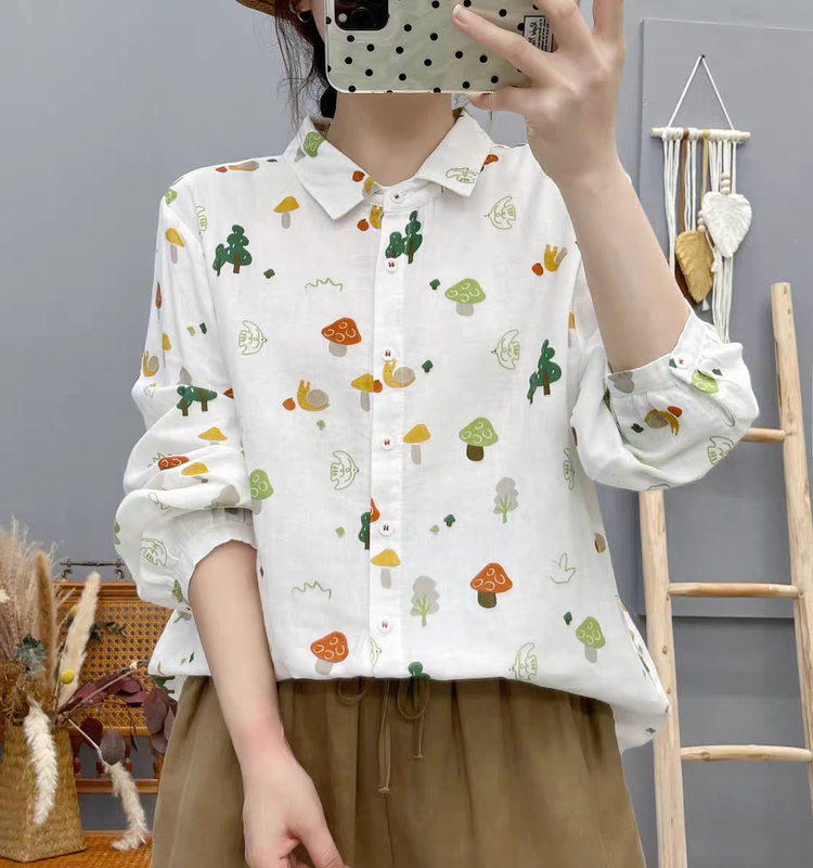 Women's Shirt with an Artistic and Fresh Style, Skin-Friendly Double-Layer Gauze Cotton Shirt, Long-Sleeve Loose-Fitting Mushroom Print Blouse Women's Shirt with an Artistic and Fresh Style, Skin-Friendly Double-Layer Gauze Cotton Shirt, Long-Sleeve Loose-Fitting Mushroom Print Blouse