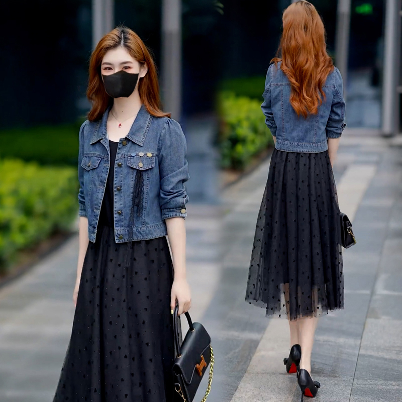 Fashionable Suit Dress for Women 2026 Spring and Autumn New Style Stylish Denim Short Jacket Suspender Dress Elegant Two-Piece Set