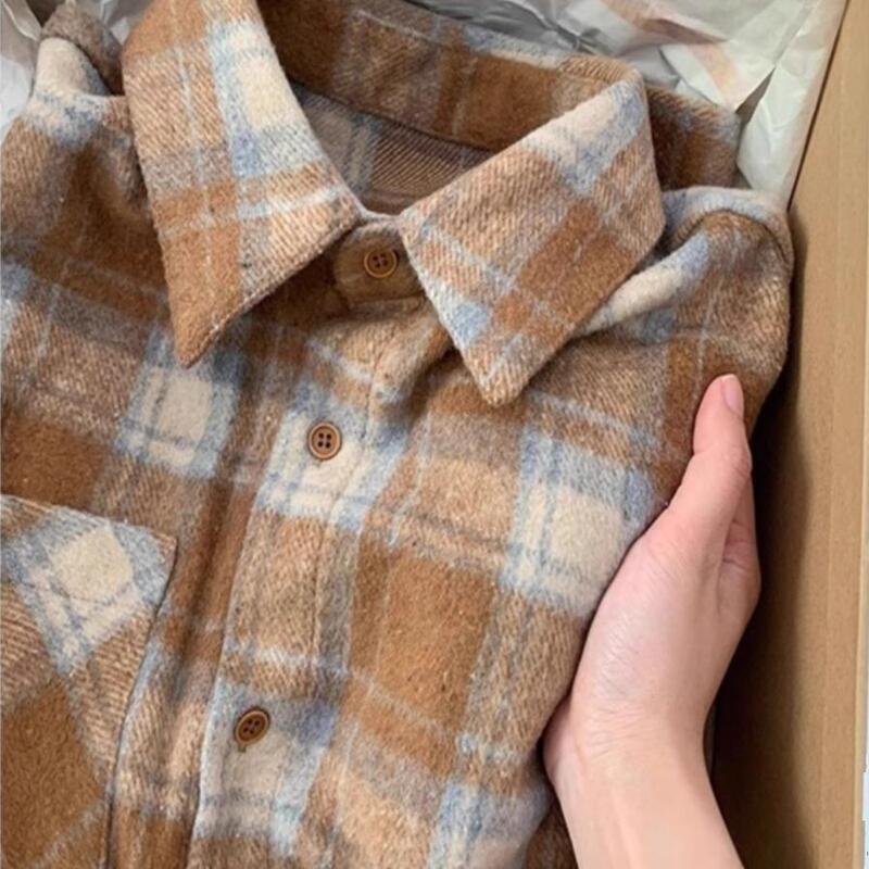 French-Style High-End Brushed Caramel Plaid Shirt for Women, New Autumn and Winter Style, Lazy Style, Thickened Long-Sleeved Shirt Jacket