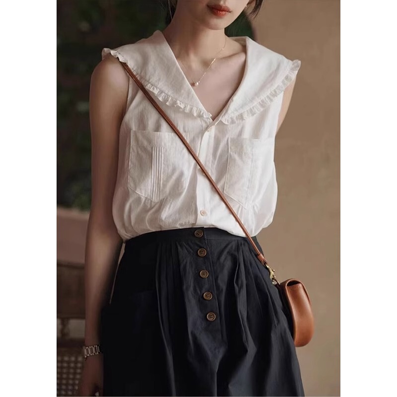 Retro Lazy White Navy Collar Ruffled Vest-Style Shirt Summer New French Style Work Clothing Sleeveless Top for Women Retro Lazy White Navy Collar Ruffled Vest-Style Shirt Summer New French Style Work Clothing Sleeveless Top for Women