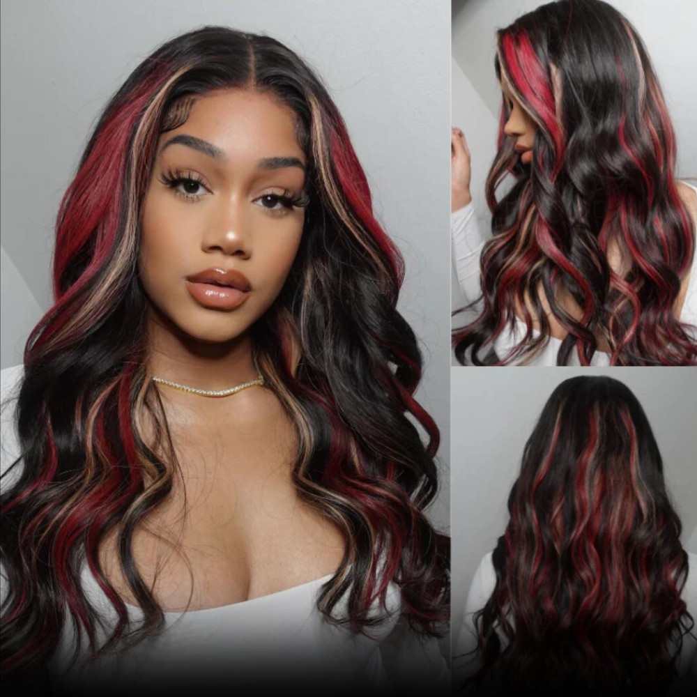 Black Red Blonde Highlights Human Hair Body Wave Wigs 13x4 - View #5
