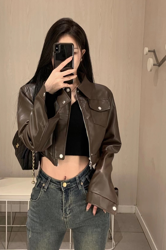 American Retro Sweet and Cool Spicy Girl Style Coffee-Colored Leather Jacket 2023 Autumn New Design Motorcycle Jacket Top