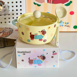 ins Cute Dachshund Puppy Ceramic Instant Noodle Bowl with Lid, Double-Eared Snail Noodle Bowl, Birthday Gift for Girls, Souvenir