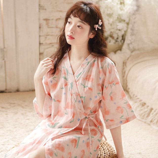 ຊຸດນອນສໍາລັບແມ່ຍິງ summer nightgown 2024 ໃຫມ່ພາກຮຽນ spring ຝ້າຍບໍລິສຸດ gauze kimono bathrobe summer ສັ້ນ-sleeved nightgown ເຄື່ອງນຸ່ງຫົ່ມເຮືອນ