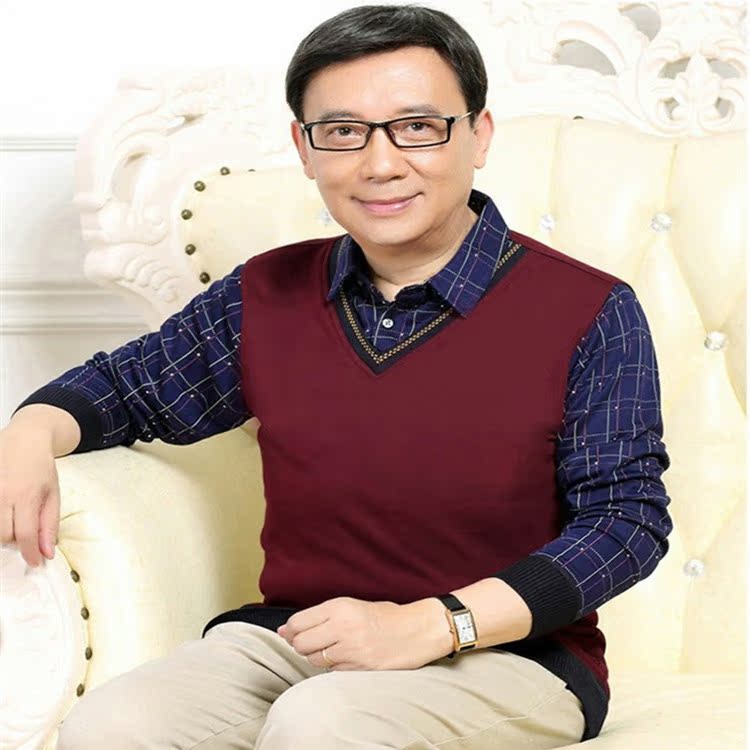 Cotton giản dị nam mùa thu mỏng phần trung niên cotton dài tay áo thun sơ mi giả hai mảnh T-đan cha áo thun ba lỗ