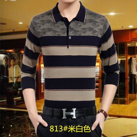Đàn ông trung niên áo thun dài tay cotton áo thun cotton mỏng phần mùa thu băng lụa áo thun nam trung niên tải bông