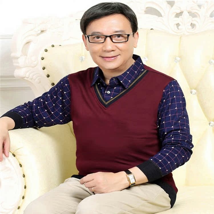 Cotton giản dị nam mùa thu mỏng phần trung niên cotton dài tay áo thun sơ mi giả hai mảnh T-đan cha áo thun ba lỗ