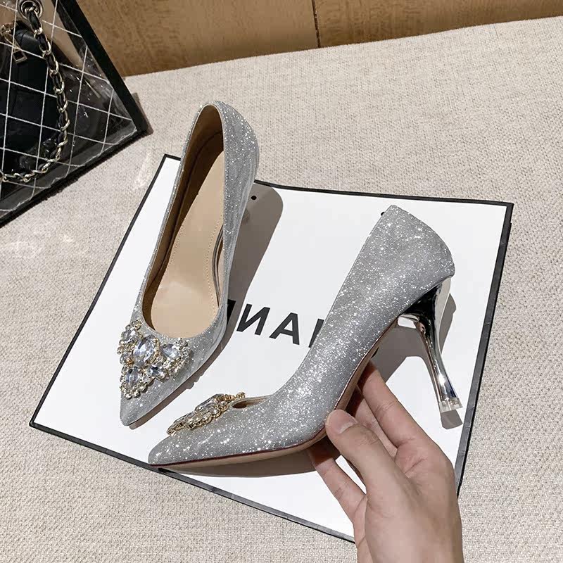 French main wedding dress high heels female pointed wedding shoes crystal shoes winter silver gold stiletto bride bridesmaid shoes