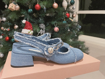 OMG Little Cute Shoes Miu Home Denim Mary Rare Shoes Pearl High Heel Shoes Woman Baotou Coarse Heel Sandal Girl
