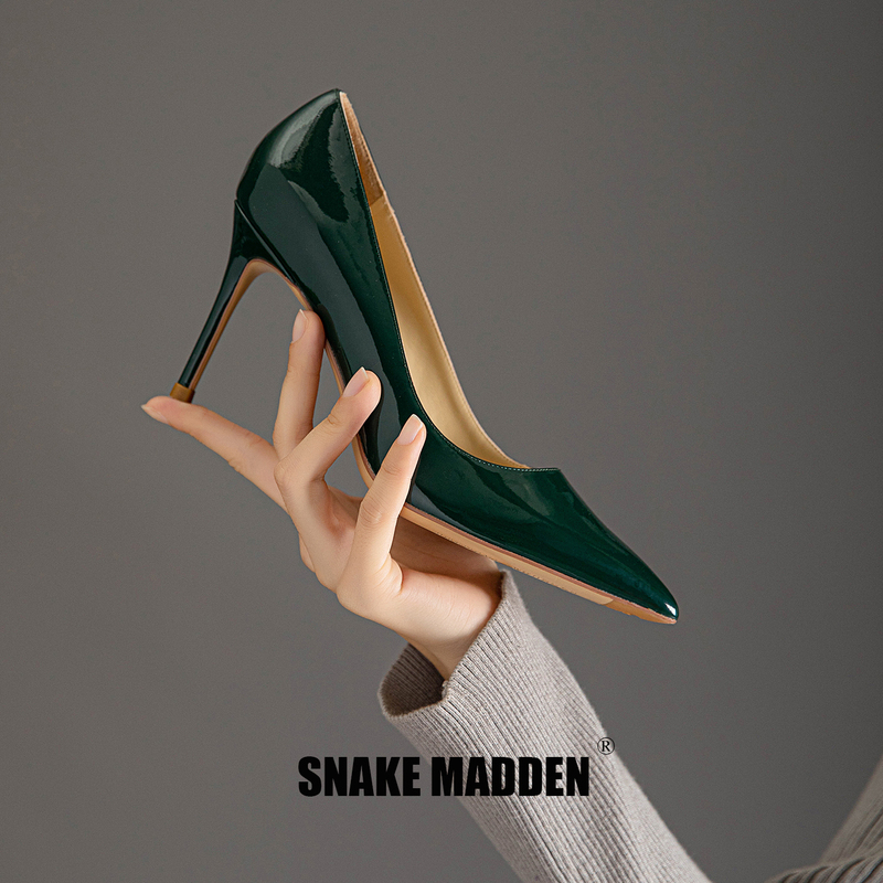 Snake Lady Light Luxury High Heels【Wuxian】Olive Green Pointed Toe Soft Patent Leather High Heels Women's Stiletto Sexy Pumps