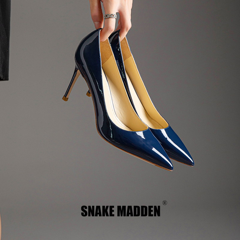 Snake Lady Light Luxury High Heels【Shao Hao】Navy Blue Pointed Toe Soft Patent Leather High Heels Women's Thin Heel Sexy Pumps