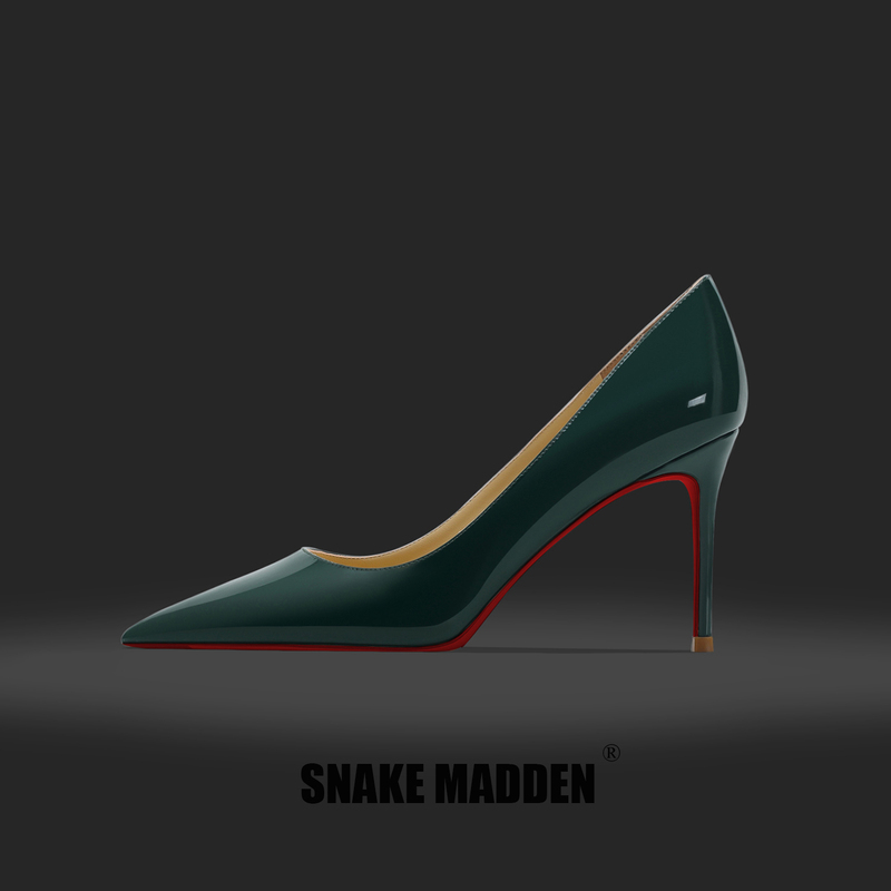 Snake Girl Light Luxury High Heels [Red Sole] Olive Green Pointed Toe Soft Patent Leather High Heels Women's Stiletto Sexy Pumps