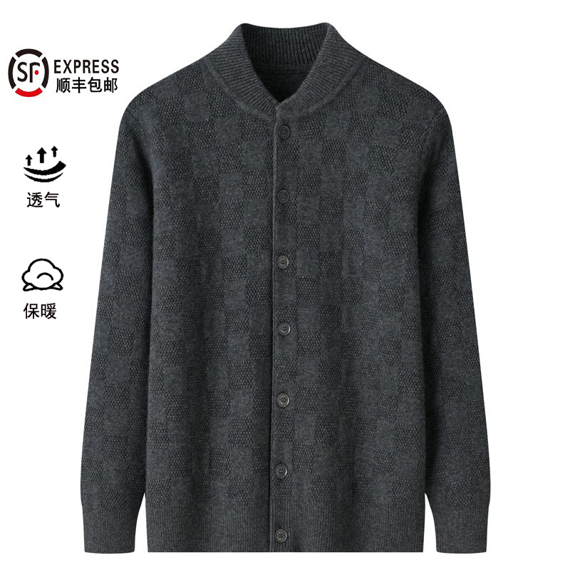 Middle-Aged and Elderly Men's Cashmere Sweater with Stand Collar, Thick Cardigan, Solid Color Knitted Wool, Large Size, Warm Sweater for Dad and Grandpa