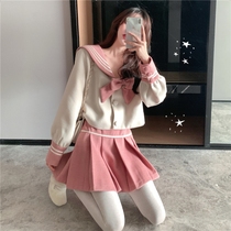 Japanese girl jk uniform college style suit Winter cute super sweet navy collar bow top Fur pleated skirt