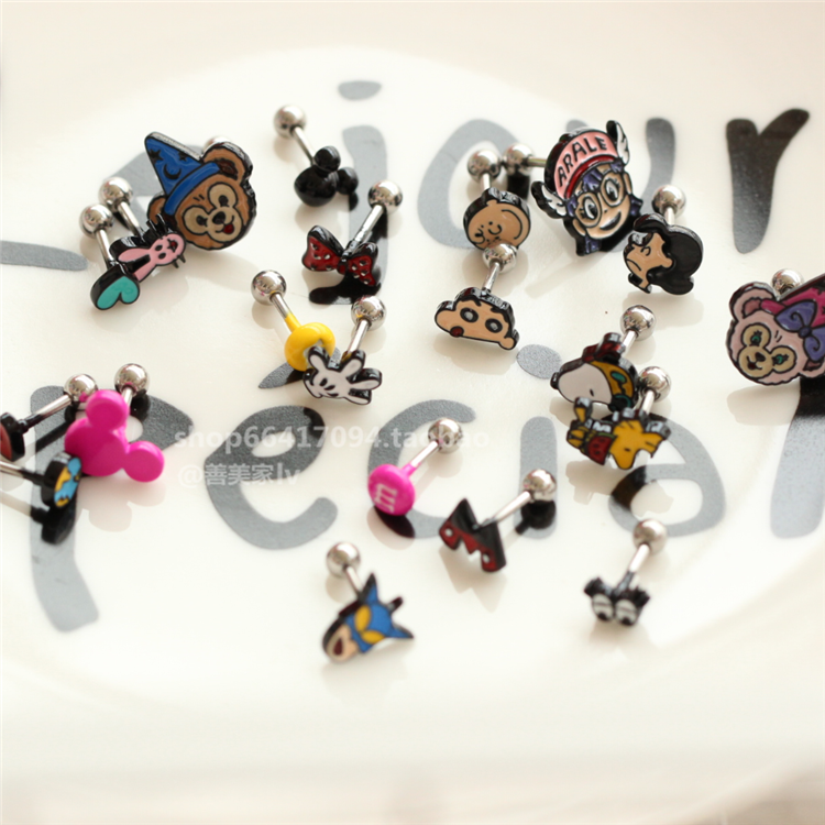 Korean cartoon Crayon Shin Shin Snoopy rabbit love Mickey Mouse steel ball buckle single stud earrings