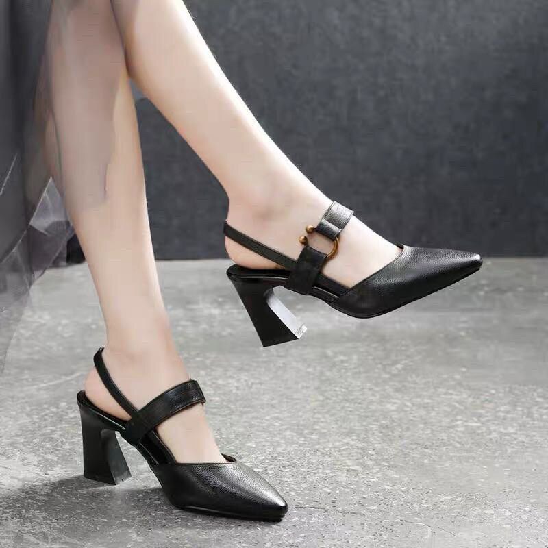 Sandal cao gót nữ mũi nhọn da thật gót vuông 7 cm quai ngang — Màu Mơ (7 cm) chi tiết 5