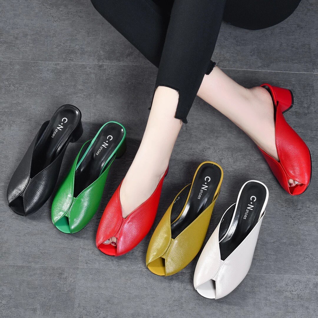 Sandal da thật hở mũi nữ gót vừa mũi kín thời trang — Màu đen chi tiết 1