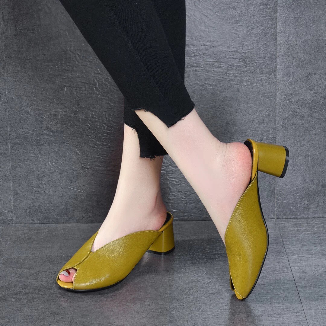 Sandal da thật hở mũi nữ gót vừa mũi kín thời trang — Màu đen chi tiết 4