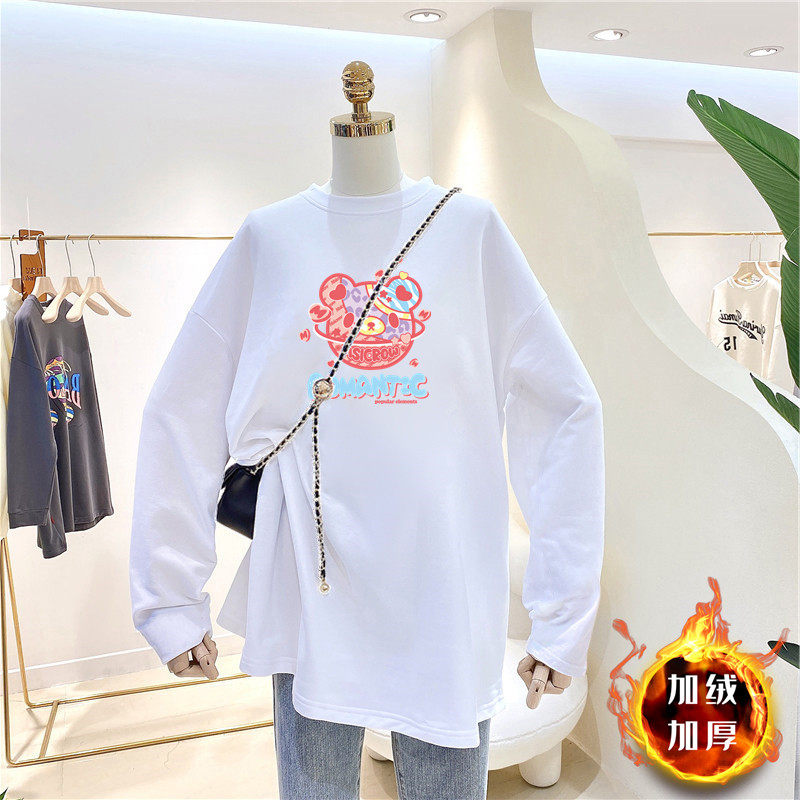 Pregnant women's velvet inner top plus velvet thick warm T-shirt mid-length version round neck white bottoming shirt women's autumn and winter