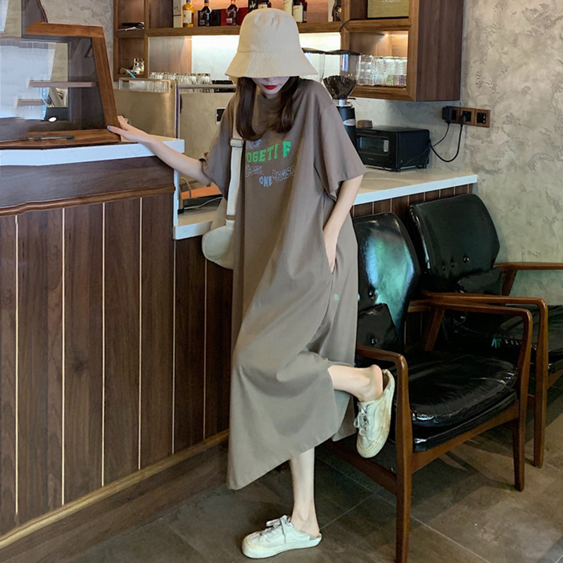 Maternity Wear Pure Cotton Short-Sleeved T-Shirt Skirt Summer Style Fashionable Slit Long Skirt Loose Large Size Casual Maternity Dress