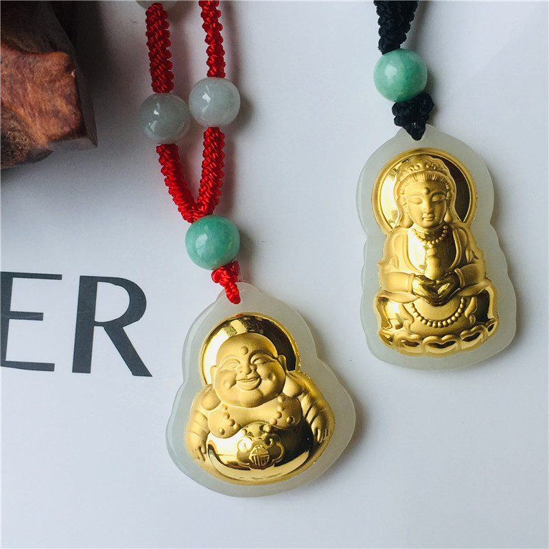 Jade Pendant Gold Avalokitesvara Male Gold Inlaid Jade Avalokitesvara Maitreya Buddha Necklace Children's Jade Pendant Birth Year Buddha Pendant