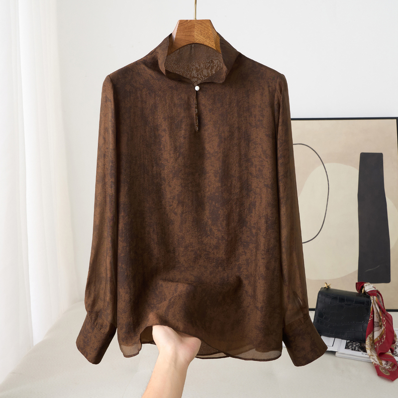 Chinese Style New Silk-Like Printed Shirt for Women, Early Spring New Long-Sleeved Stand-Up Collar Loose Slimming Base Layer Sun Protection Top