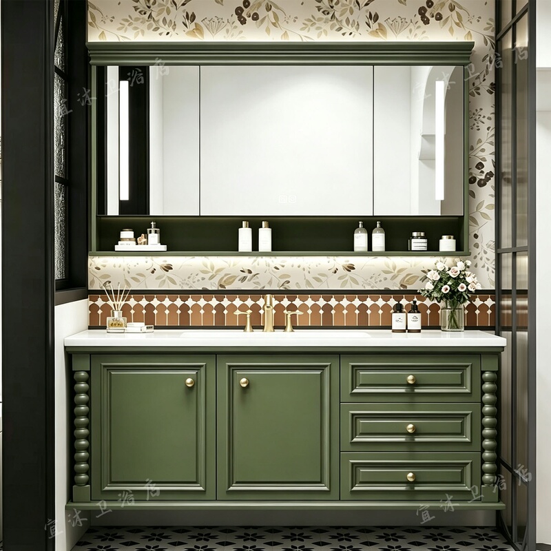 French-Style Oak Bathroom Cabinet Set with Integrated Ceramic Basin, Smart Solid Wood Bathroom Vanity, Washbasin, and Face Basin