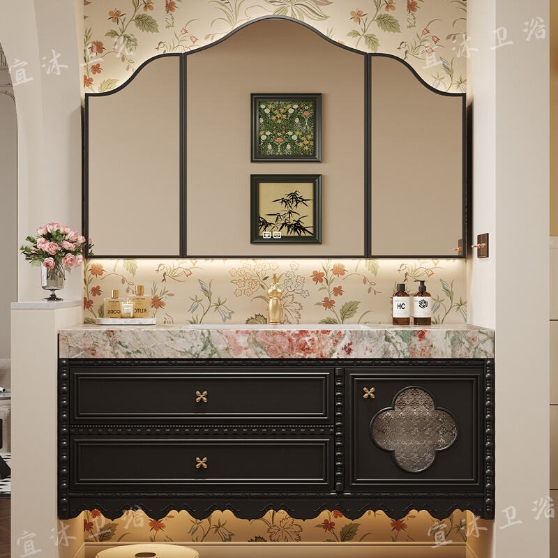 French-Style Oak Bathroom Cabinet Set with Seamless Ceramic Basin in a Vintage Style for Bathroom Sink and Washbasin