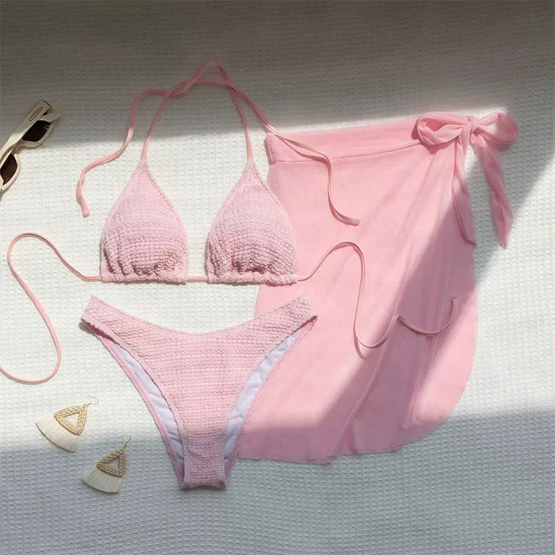Fashionable swimwear, fuchsia beach set, European style, sun protection, 3 piece set