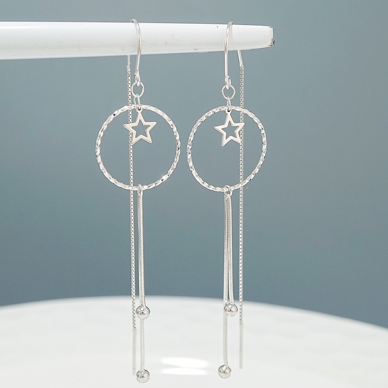 In 2021, the new tide exaggerates the ear decoration s925 pure silver star circle geometrically long edition of personalized pearl pearl flow Su earring