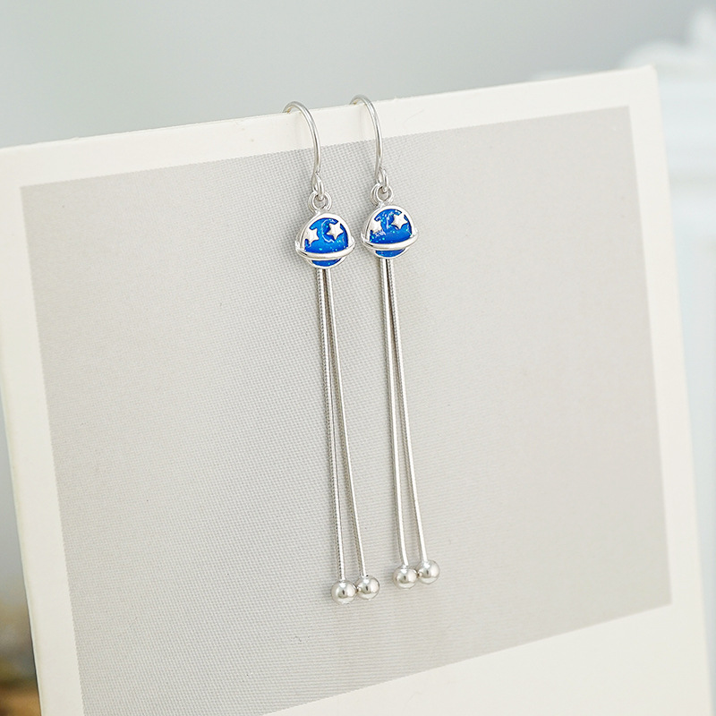 2021 trendy sterling silver planet universe earrings Korean temperament long version tassel star earrings earrings