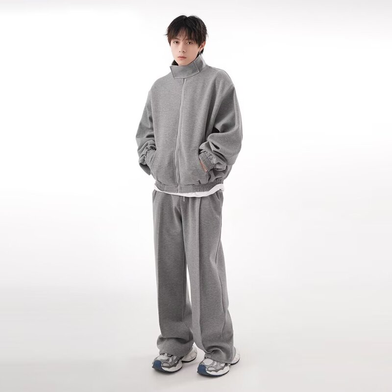 Trendy American-Style Gray Cardigan Sweatshirt Set, Spring and Autumn Casual Straight-Leg Sweatpants, Solid Color Unisex Sports Jacket