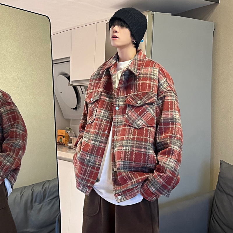American-Style Spring Jacket for Men, Trendy Brand New Casual Woolen Plaid Jacket, Couple's Loose Plaid Shirt-Style Top