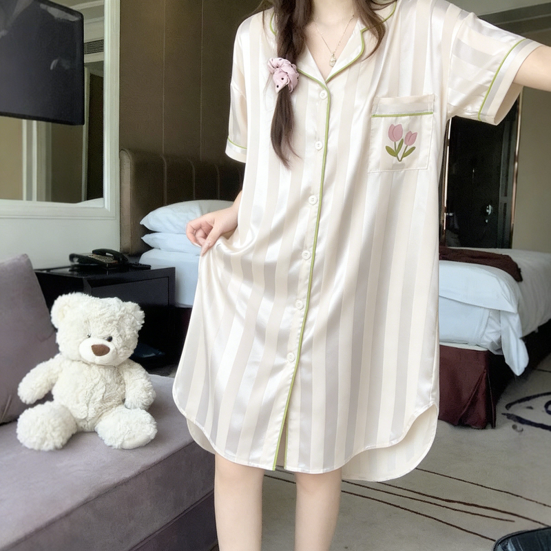 2026 New Summer Ice Silk Rose Short-Sleeved Nightgown, Plus Size Maternity Pajamas, Can Be Worn Outside as Loungewear