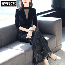 Spring autumn season Black name Yuanyuan light cooked wind stand 70% sleeve vintage Herbene small black dress Nets with undercoat dress