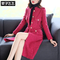 Autumn and winter 2019 popular small red mid-length stand-up collar slim tweed coat woolen coat female