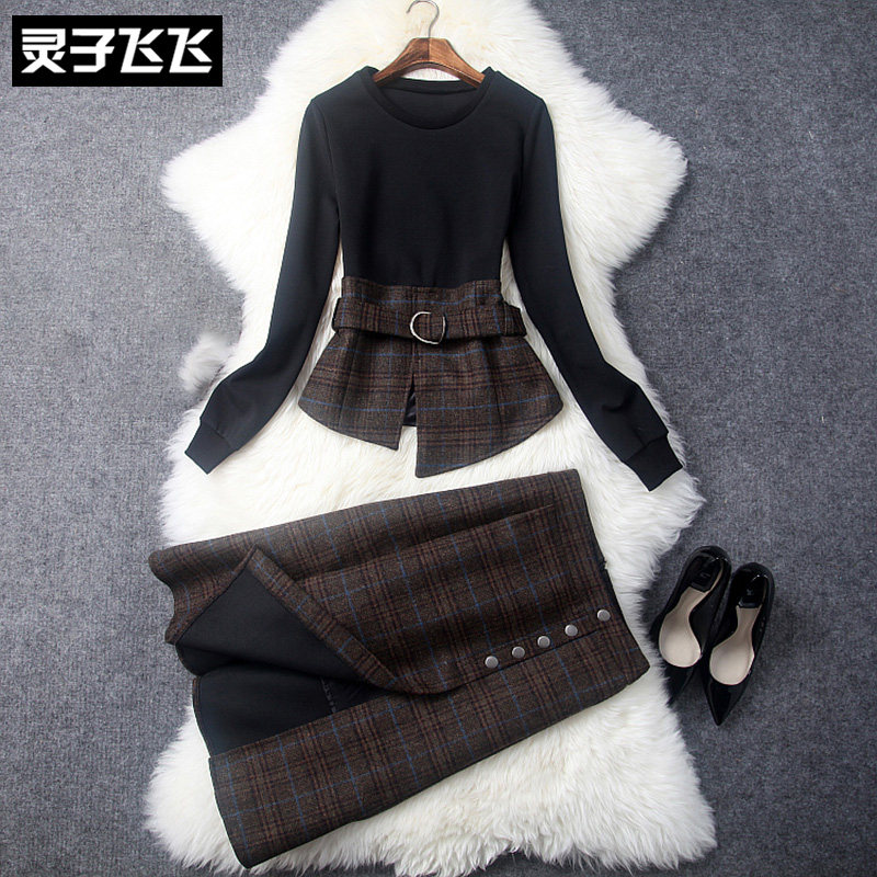 Winter slim waist bag hip split plaid plaid print thickened woolen two-piece suit with a dress for women