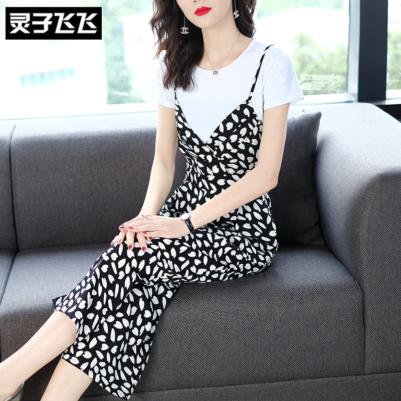 Summer foreign fashion short sleeves T-shirt pendant sensational slim straight barrel Baby Bag Printed Snowspun Broadlegged Pants Two-piece Suit Woman