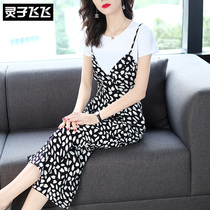 Summer foreign air fashion short sleeve T-shirt pendant sensant slim straight back strap printed snowspun broadlegged pants two suit women